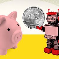 A photo illustration of a toy robot holding a quarter next to a piggy bank, representing AI tools for budgeting and saving.