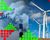 Split image showing factory smokestacks emitting thick smoke on left and white wind turbines on grassy hill under blue sky on right. Red and green pixel graphics overlay both sides.