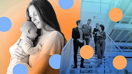 Family and Medical Leave Act, photo illustration image: Mother and newborn juxtaposed with office space and office workers.