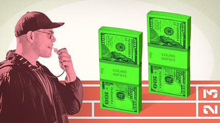 Stacks of money lined up on a track. The coach (made to respresent a financial advisor), prepares to blow a whistle.