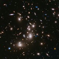 Bright lights scattered against a dark background. Some are round and bright. Others are small and dim.