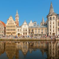 Guild houses along the Lys River in Ghent, Belg.