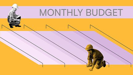 Monthly budget, photo illustration image: workers laying out a grid.