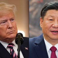 Composite side-by-side headshots of U.S. President Donald Trump, 2020, and Chinese President Xi Jinping, 2017.